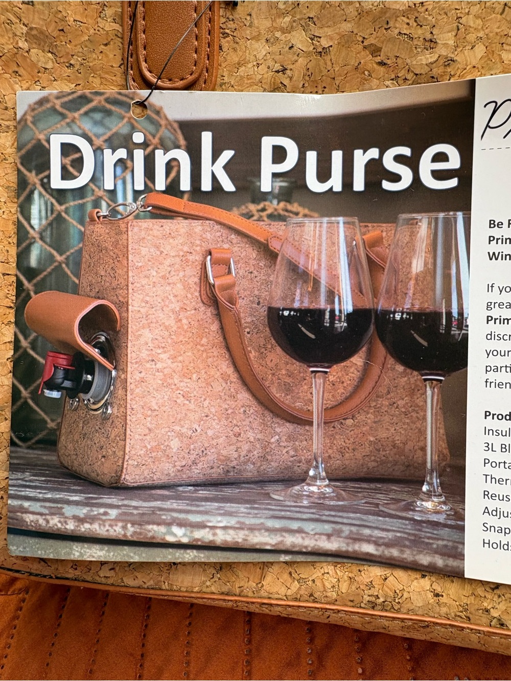 Primeware Cork Drink Purse Wine Dispensing Insulated Handbag NEW